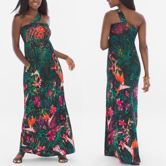Soma Dresses & Skirts - NWT Soma LARGE One Shoulder Halter Maxi Dress Amazon Tropic Black Green Floral